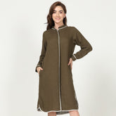 Florence Mandarin Collar Long Shirt - Olive With Ecru Contrast Edging
